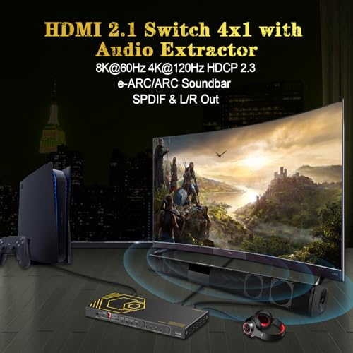 8K@60Hz 4K@120Hz HDMI2.1 Switch 4 in 1 Out with eARC,ARC Audio Extractor,7.1Ch,SPDIF 5.1Ch,48Gbps,HDCP2.3 Bypass,VRR,IR,3D,HDR 10,Dolby Atmos,Compatible with QLED TV,PS5,Xbox,Sonos Soundbar,Apple TV