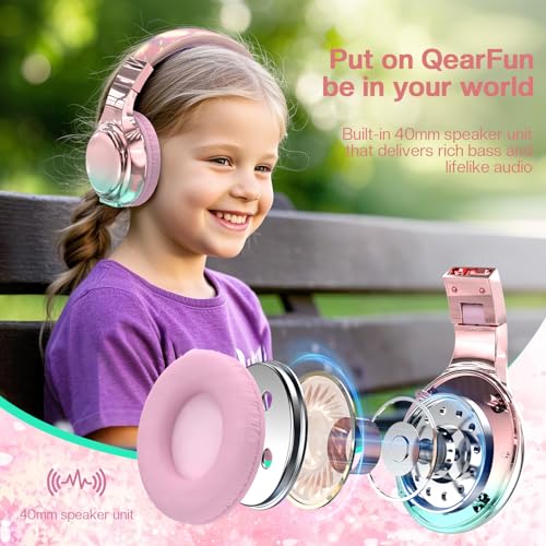 QearFun Kids Bluetooth Headphones, 60H Playtime, 74/85/94dB Safe Volume Limit, Metallic Gradient Wireless Headset with HD Mic, Fast Charging, Foldable, Wired 3.5mm Mode for School/Tablet/Travels | For school, tablet, travel, kids wireless headphones featu