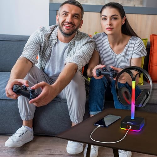 RGB Headphone Stand with Charger 3 USB Ports and 2 AC Outlets,2 USB-A 1 Type C,Desk Gaming Headset Holder with 9 Light Modes,PC Gaming Desk Accessories,Gamer Gifts,RGB Gaming Stuff Headset Stand | 9 Light Modes:7 Static & 3 RGB Dynamic Lights; 2 AC,2 USB-