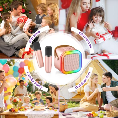 Mini Karaoke Machine, Portable Bluetooth Speaker & 2 Wireless Microphones | Karaoke Player Karaoke Microphone For Family Home Party Outdoor With HI-FI Sound | 5 Magic Sound | PA System | USB | TF | AUX - color: Rose Gold