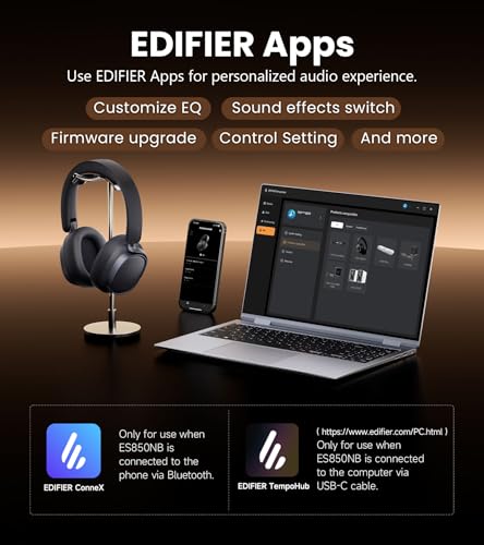Edifier ES850NB Active Noise Cancelling Over-Ear Headphones, Black | 92H Playtime, Wired & Wireless Hi-Res Audio, Fast Charging, Clear Calls for Home Office Travel - color: Black