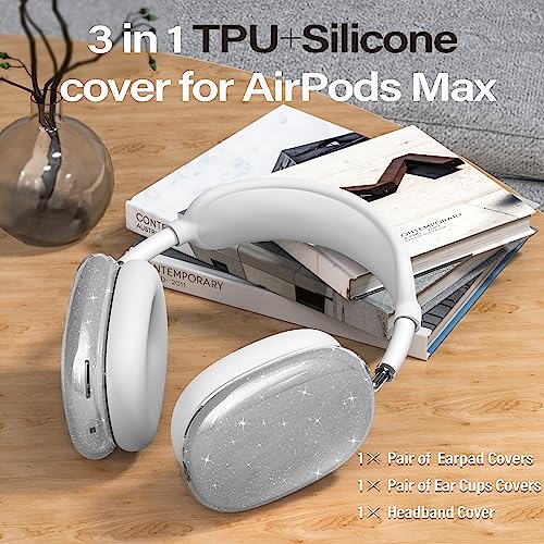 4 in 1 Set Case for AirPods Max Headphones, Clear Soft TPU Anti-Scratch Protective Case Cover, No Yellowing Transparent Accessories for Apple AirPods Max (2024 USB-C /2020 Lightning) -GlitterClear - color: B-GlitterClear