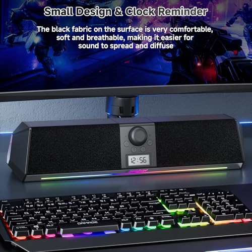 SOULION Bluetooth Computer Speakers USB Plug & Play with Clock & LED | Digital Clock Display, Bottom Mirror Lighting, LED Rainbow Lights & 5 Kinds of Modes, USB/Bluetooth/AUX Mode, Powerful Sound