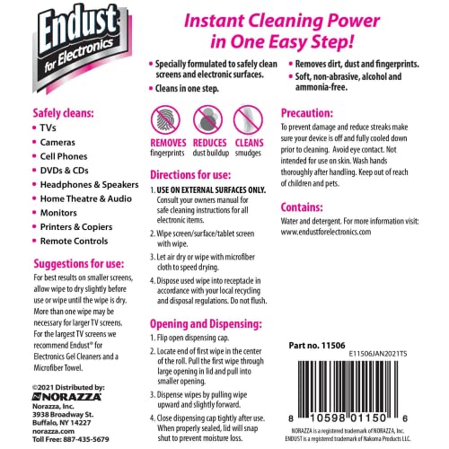 Endust For Electronics; Cleaning Wipes for Screens & Electronics Surfaces; Pre-Moistened, Alcohol & Ammonia Free, 140 Count (Pack of 6) - size: 70 Count (Pack of 6)