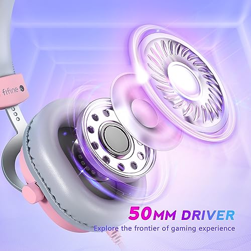 FIFINE USB Gaming Headset, PC Over-Ear Wired Streaming Headset with 3.5mm Jack, Detachable Microphone, 7.1 Surround Sound, Control Box, Passive Noise Cancellation, for PS5/Xbox/Switch-H9 Pink | Balanced Audio, 7.1 Surround Sound, Total 10ft Long Cable, De