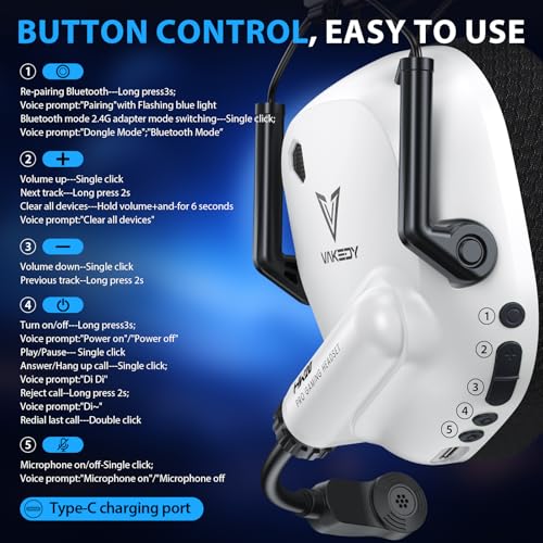 Vakedy Wireless Gaming Headset for PS5, PS4, PC, Switch, Dual Mode, White