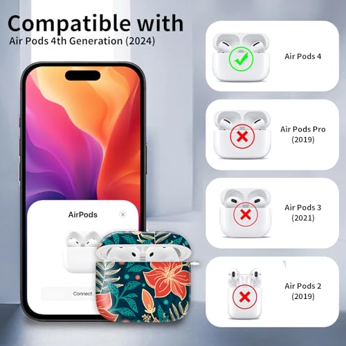 Cute Case Cover Compatible with AirPods 4th Generation 2024, Shockproof for Women & Girls with Cute Golden Round Buckle – Protective, Anti-Drop Design(Cute Red Flower) - color: Cute Red Flower