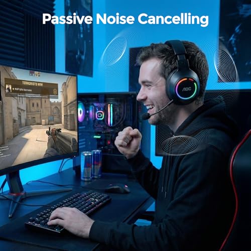 AOC Over-Ear Wireless Gaming Headset with Detachable Noise Cancelling Mic | Bluetooth 6.0 & 2.4GHz, RGB Lighting, Compatible with PS5, PS4, PC, Xbox, Switch