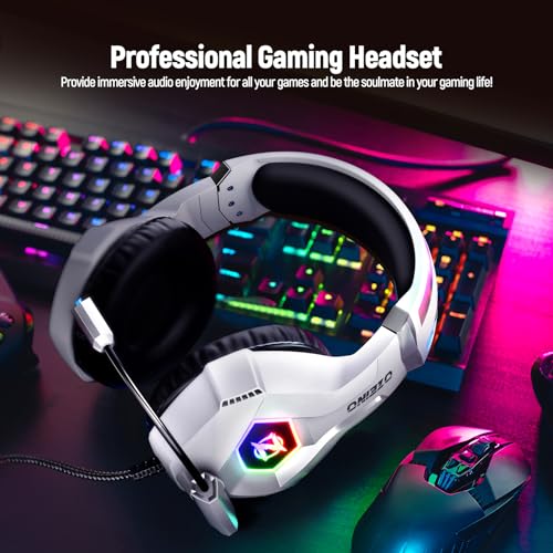 Ozeino Gaming Headset for PC, Ps4, Ps5, Xbox Headset with 7.1 Surround Sound Gaming Headphones with Noise Canceling Mic, LED Light Over Ear Headphones for Switch, Xbox Series X/S, Laptop, Mobile White - color: White