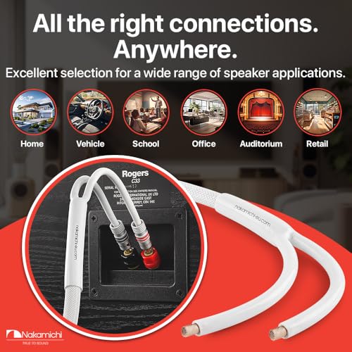 Nakamichi 24k Gold Plated Banana Plugs with 14 AWG Speaker Cable 99.9% OFC | Oxygen-Free Copper, Excel Series, Heavy Duty Braided for Amplifier Receiver Hi-Fi Stereo Audio Wire - White (10 feet / 3.0m) - color: White (14 AWG), size: 10-Feet (3.0m)