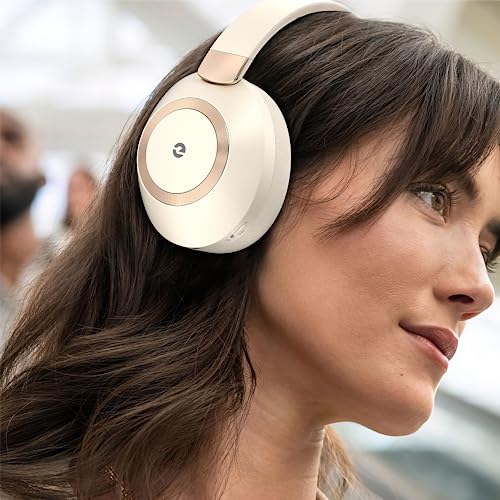 Active Noise Cancelling Headphones, 100H Playtime Headphones Wireless Bluetooth, Bluetooth Headphone with Microphone, Over- Ear Wireless Headphone with Deep Bass for Travel - color: Beige