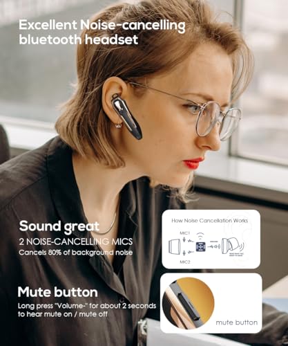 Hands-Free Bluetooth Headset V5.4, Bluetooth Earpiece Noise Canceling | 36Hrs Talk Time, Single Ear Headset for Work, Lightweight Wireless Earpiece with Mic (Gold)