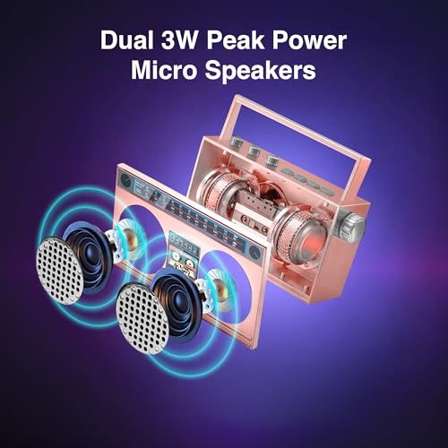 Portable Bluetooth Speakers, Retro Speakers Bluetooth Wireless Wearable | Mini Bluetooth Boombox with 27” Neck Chain, FM Radio, On-Board Buttons, Dual 3W Peak Power Bluetooth Speaker for Anywhere - color: Rose Gold/ Silver