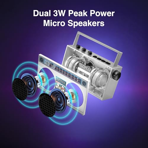 Portable Bluetooth Speakers, Retro Speakers Bluetooth Wireless Wearable | Mini Bluetooth Boombox with 27” Neck Chain, FM Radio, On-Board Buttons, Dual 3W Peak Power Bluetooth Speaker for Anywhere - color: Silver