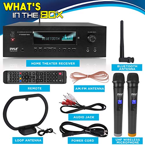 Pyle 1000W Bluetooth Home Theater Karaoke Receiver - 5.2-Ch Stereo Amplifier 2 UHF Wireless Microphone Video Pass-Through Supports, MP3/USB/HDMI/AM/FM Radio - Pyle PT888BTWM.5