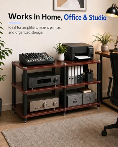 3 Tier Heavy Duty AV Media Stand, Stereo Stands and Racks, Teak | Audio Tower HIFI Rack Stereo Shelf 264 lb Load Capacity, vibration-dampening feet, open ventilation, Built for Hi-Fi systems - color: Teak, size: 3 tier