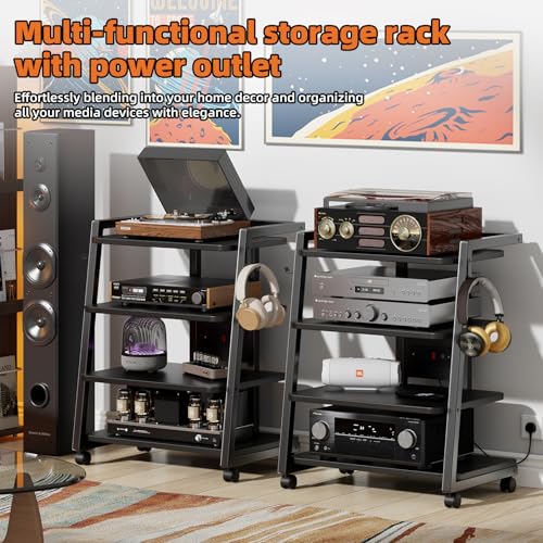 CABTE Mobile AV Media Stand with Outlets and 4 Rolling Caster Wheels | 4-Tier Rolling TV Stand for Gaming Console, Stereo, DVD Player, Sturdy Metal Frame, Versatile Living Room,Bedroom (Black) - color: Black