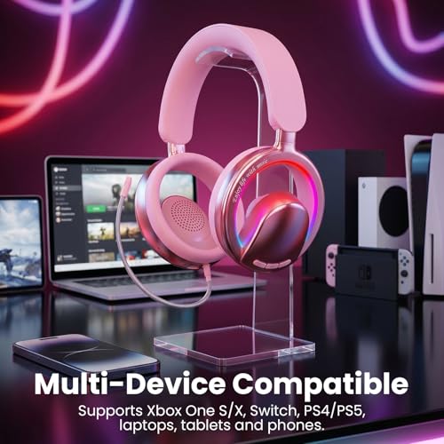 Xmenha Pink Open Ear Open-Back Headphones Wireless Bluetooth Gaming Headset with Mic for PC Switch Xbox One PS4 PS5, 3.5mm Wired Breathable Lightweight Over Ear Headphones Adjustable RGB Light - color: Pink