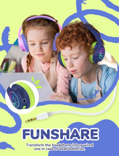 iClever BTH18 Kids Bluetooth Headphones LED Lights for Toddler Boys Girls | SafeSound Tech, 43H Playtime Stereo Sound, USB C Charging AUX Cable, Over Ear Kids Headphones Wireless for iPad/Tablet/Travel - color: C-Green/Blue