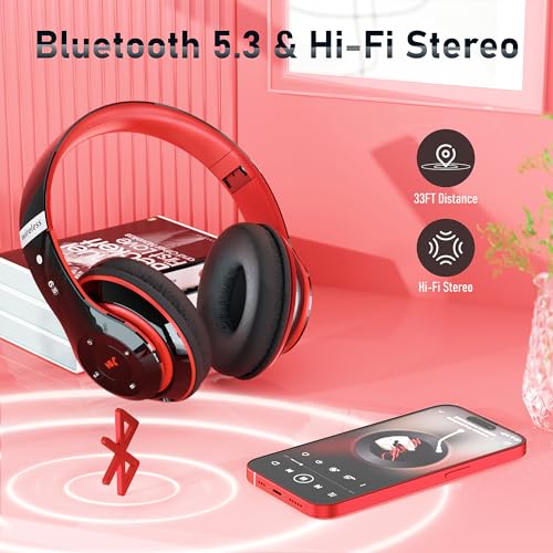Bluetooth Headphones Over Ear, 6S Foldable Wireless Headphones with 6 EQ Modes, 40 Hours Playtime HiFi Stereo Headset with Mic, Soft Ear Pads, TF/FM for Cellphone/PC/Home (Red) - color: Red