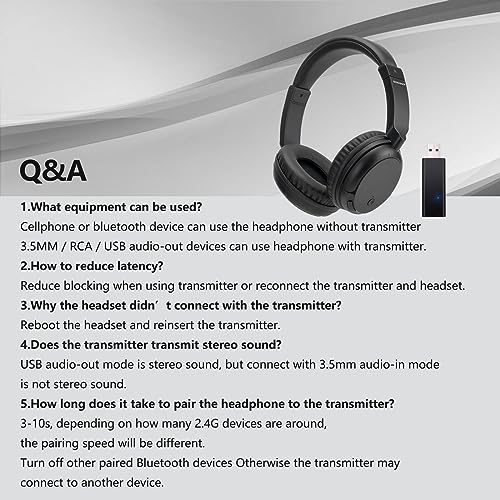 Wireless Bluetooth Headphone Over Ear, Bluetooth Transmitter for TV,PC,3.5mm Audio Device, Wired and Wireless Headset (Black) - color: Black