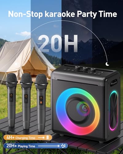 Karaoke Machine with 3 Wireless Rechargeable Microphones, Portable Bluetooth Speaker & PA System with LED Lights, Designed for Adults & Kids Home Parties, Supports TWS/TF Card/USB/AUX - size: 3 Mics