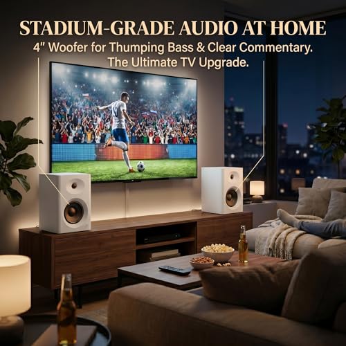 4-Inch Powered Bluetooth Bookshelf Speakers, White - color: White