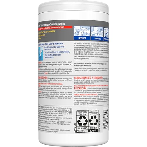 CloroxPro Clorox Screen+ Sanitizing Wipes, Disinfecting Wipes for Electronics, Gentle on Phones, Tablets, LCD Screens, Laptops and Sensitive Surfaces, Citrus Blend Scent, 1 Canister, 75 Wipes - size: 75 Count (Pack of 3)
