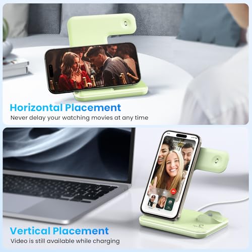 WAITIEE Wireless Charger 3 in 1, 15W Fast Charging Station for Apple Watch 9/8/Ultra 2/Ultra/SE/7/6/5/4/3/2, for AirPods 3/2/1/Pro/Pro 2, for iPhone 15/14/13 /Plus/Pro/Pro Max/12/11/X/Xr/XS/8 (Green) - color: Mint Green