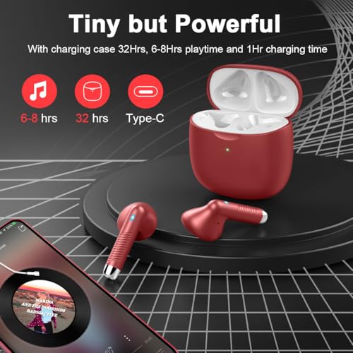 Wireless Earbuds, Bluetooth 5.4 Earbuds Stereo Bass, Bluetooth Headphones | in Ear Noise Cancelling Mic, Earphones IP7 Waterproof Sports, 32H Playtime USB C Charging Case Red Ear Buds for Android iOS - color: Glossy Red