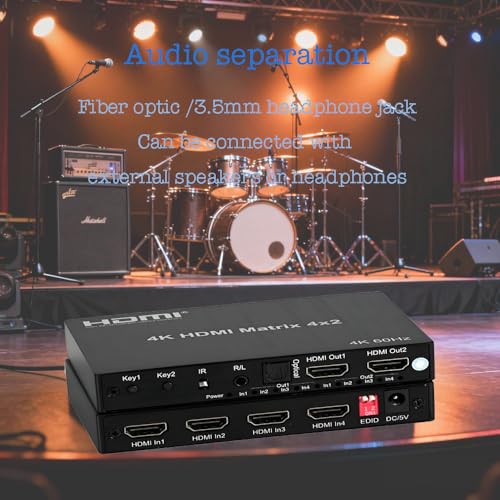 4K 4x2 HDMI Matrix Switch with 3.5mm Stereo Audio Extractor and Audio Optic Output, 4 in 2 Out Video Switcher&Splitter, Support HDMI 2.0 4K@60Hz