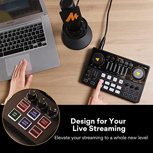 MAONO AME2A Podcast Equipment Bundle, Audio Interface and XLR Condenser Mic | 48V phantom power, Bluetooth, 11 custom sound pads, podcast recording, YouTube/TikTok live streaming, PC and home creators