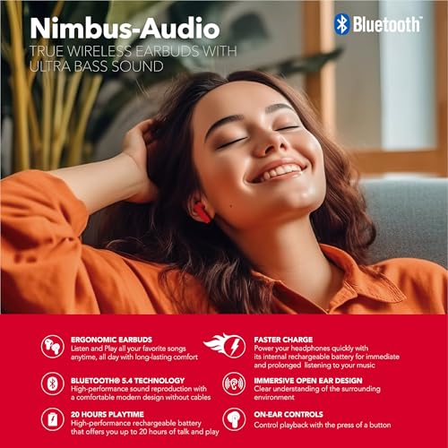 RCA Wave-78 True Wireless Earbuds, Bluetooth 5.2 Headphones with Microphone, Charging Case, 20H Playtime, Hi-Res Audio, Sweat Resistant, Compact in-Ear Design, Noise Cancelling, Red - color: Red