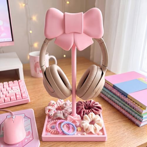 Wesiti Pink Bow Headphone Stand Cute Curved Headphone Holder with Storage Tray Pink Coquette Gaming Headset Holder for Desk Space Saving Organizer Desktop for Women All Headset Home Office Setup