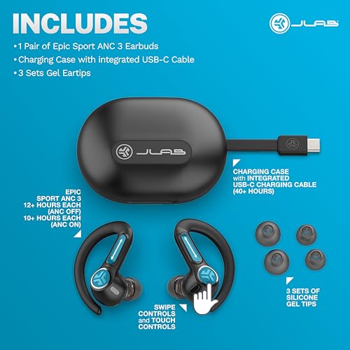 JLab, Epic Air Sport ANC 3, True Wireless Earbuds, Active Noise Cancelling, Bluetooth, Sport, Black - style: ANC Gen 3