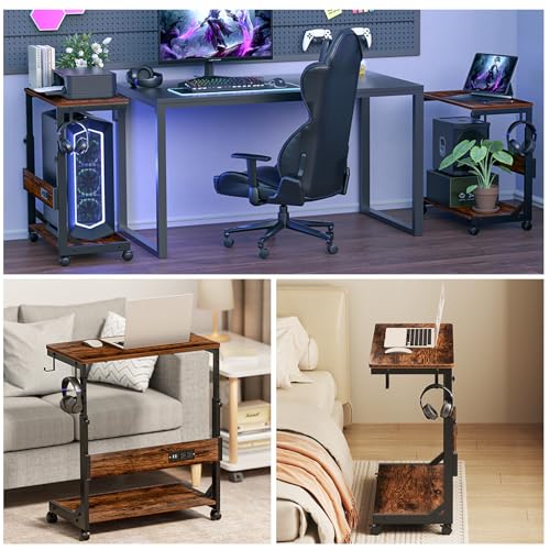 Computer Tower Stand with Charging Station for Full ATX-Case,Brown | Height Adjustable PC Stand with Wheel, CPU Holder with 2 AC Outlets + 2 USB Ports, 2-Tier Storage, Durable Metal Frame - color: Brown