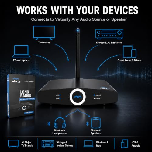 Long Range Bluetooth Audio Transmitter or Receiver for TV Home RTX 2.0 | TV PC stereo, Connect speakers, headphones & phones, aptX Low Latency, Optical RCA & 3.5mm, HD audio