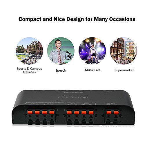 4-Channel Speaker Switcher Selector Box with Terminal Claps 200W RMS Max 100W Switchable, Black