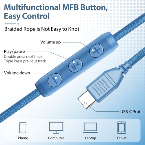 INFURTURE USB C Headphones Wired with Mic & Volume Control, Noise Isolating Over-Ear Headphones, Tangle-Free Plaiting Line, Foldable Headphone for School/Travel/iPad,Tablet,iPhone 17/16/15 - color: Light Blue