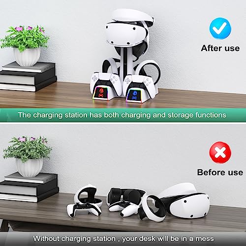 Fastsnail RGB Charging Station for PS VR2 / PS5 / PS5 with 10 Led Light | Wireless Controller Charger Dock with 5V/3A Adapter for Playstation 5, Charging Stand with VR2 Headset Holder