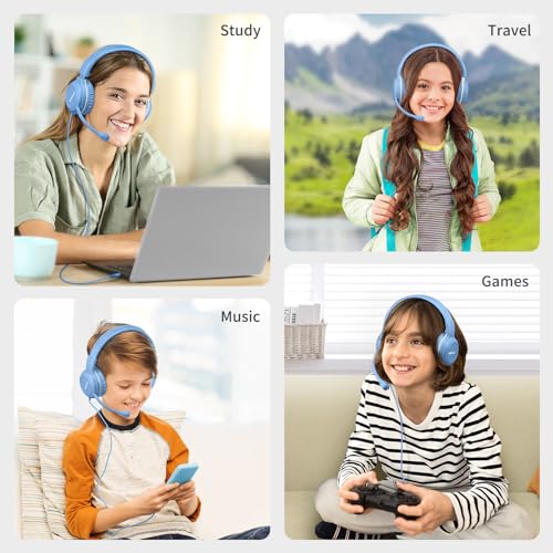 SIMOLIO Wired Headphones for School with Microphone, Stereo Kids Headphone with Flexible Swivel Boom Mic for Student K12 & Teacher & E-Learning, 3 Levels Volume Limiter Gaming Headsets for Boys, Girls - color: Light Blue