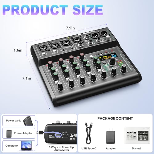 USB interface Audio 7 Channel Mixer With Effects 88 Dsp Digital DJ Mixing Board Bluetooth Music Player 48v Line For Condenser Mic Audio Mixer to PC/Phone For Karaoke Record Livestream