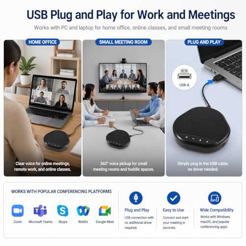 USB Speakerphone for PC, Conference Speaker and Microphone, Plug and Play, AI Noise Reduction and Echo Cancellation, Touch Controls, One-Tap Mute, LED Indicator, for Computer Desktop