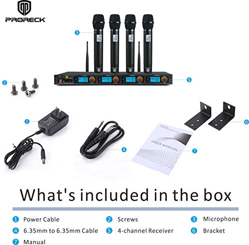 PRORECK MX44 4-Channel UHF Wireless Microphone System with 4 Hand-held Microphones Karaoke Machine for Party/Wedding/Church/Conference/Speech