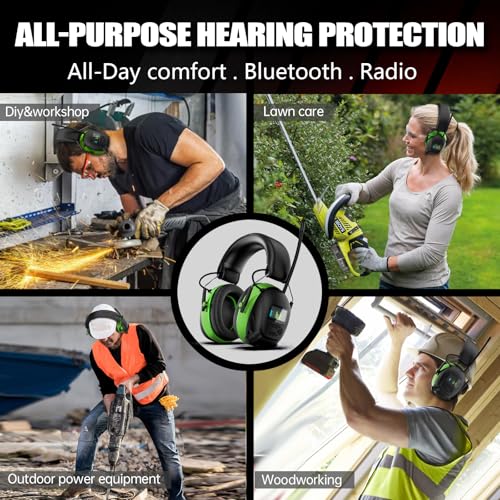 Bluetooth 6.0 AM/FM Hearing Protection, Radio Headphones with Digital Display, 30 SNR Noise Reduction Safety Earmuffs with Rechargeable 2000 mAh Large Battery, Ear Protector for Mowing Lawn Work - color: Green