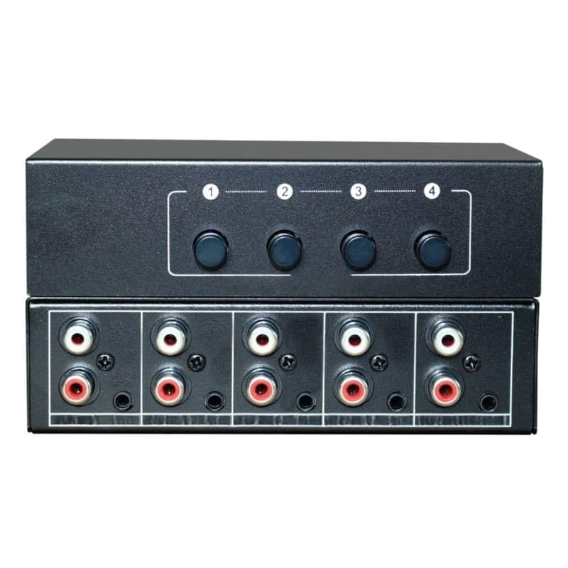 3.5" + RCA (Lotus) Audio switcher, bidirectional Switching, 1x4 or 4x1, Manual Button Switching, no Power Required.