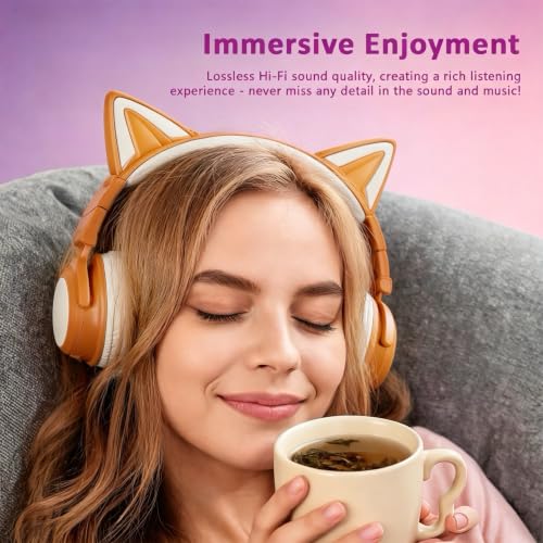 Cat Ear Headphones for Kids & Adults, LED Gaming Headset | Headphones Wired & Bluetooth Mode with Built-in Mic,Compatible with Phone/Laptop/PC/Tablet,Foldable Cute Headphones,Khaki - color: Khaki