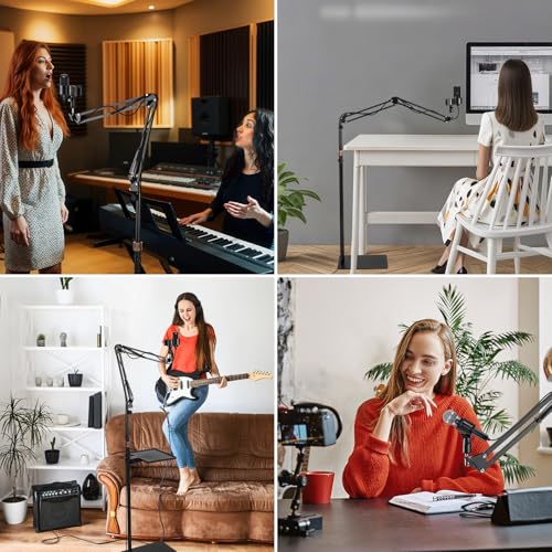 BILIONE Microphone Stand Floor with Tray & Boom Arm, 5.5lbs Weighted Base | Height Adjustable Studio/Podcast Mic Stand w/ 3/8'' to 5/8'' Adapter & 2 Mic Clips Compatible with Blue Yeti QuadCast AT2020