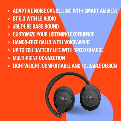 JBL Tune 770NC - Adaptive Noise Cancelling with Smart Ambient Wireless Over-Ear Headphones, Bluetooth 5.3, Up to 70H Battery Life with Speed Charge, Lightweight (Black) (Renewed)
