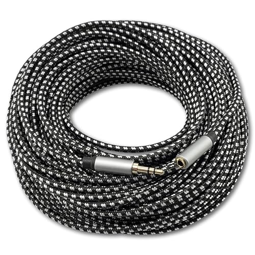 SatelliteSale Auxiliary 3.5mm Audio Jack Male to Female Digital Stereo Aux Extension Cable Universal Wire Black/White Nylon Cord 100 feet - size: 100 Feet